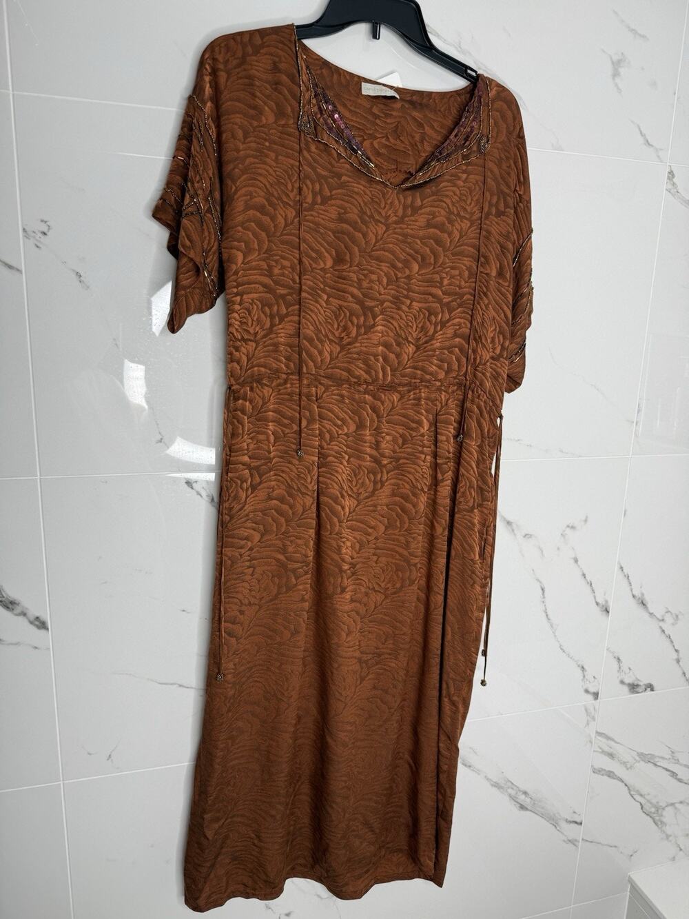 VTG Carol Peretz Beaded Silk Draw Waist Pockets Bohemian Brown Flapper Art Sz 6